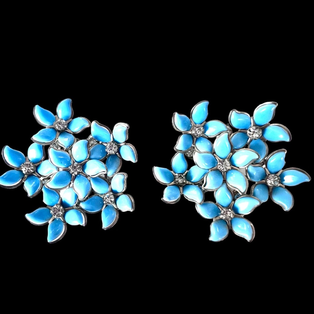 Vintage Earrings Sky Blue Retro Flower Cluster Celluloid Ear Clips Floral Jewels